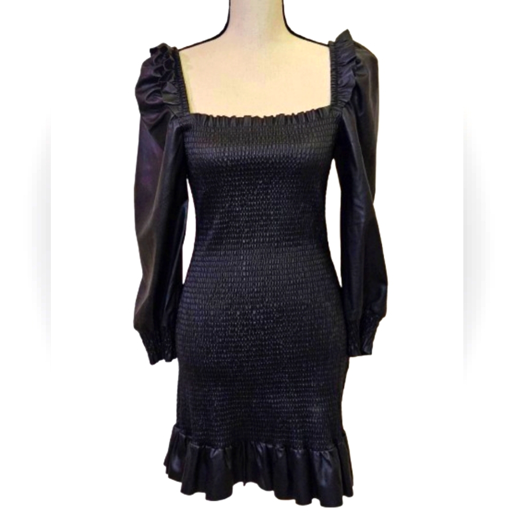 7 For All Mankind Black  Smocked,Long Sleeve,Faux Leather Dress,Medium,NWT